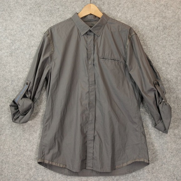 Solid Button Up Dress Shirt Mens L ARMANI EXCHANGE Charcoal Roll‎ Up Sleeve Y2K